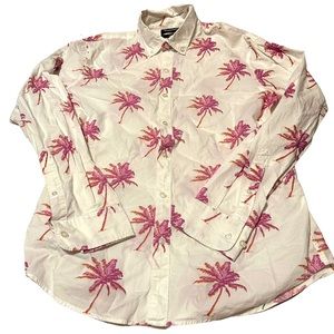 Bonobos Womens Large White Pink Palm Trees Button Down Tailored Fit Shirt